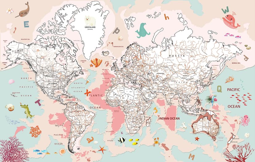 Pink Political World Map with Animals Wallpaper Mural