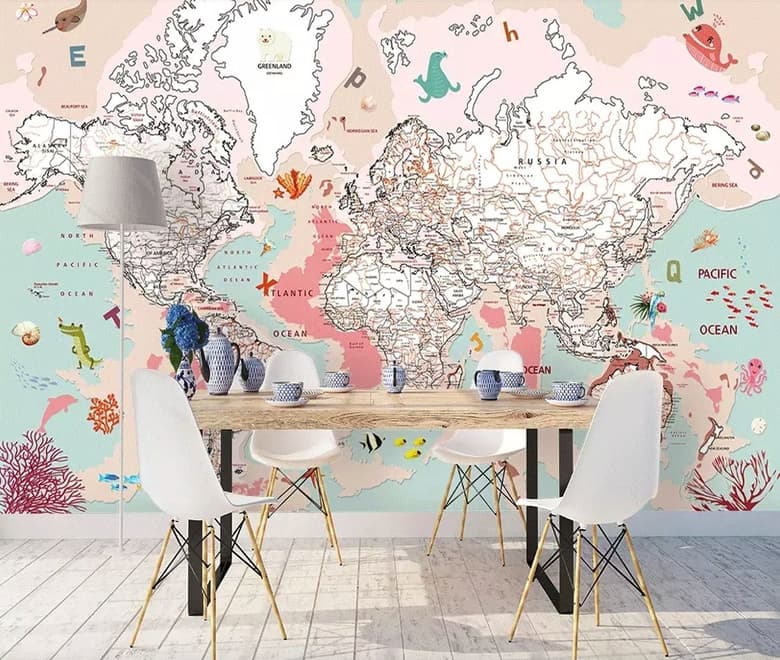 Pink Political World Map with Animals Wallpaper Mural
