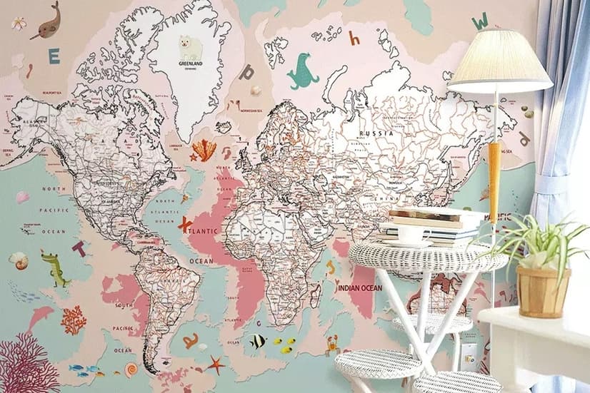 Pink Political World Map with Animals Wallpaper Mural