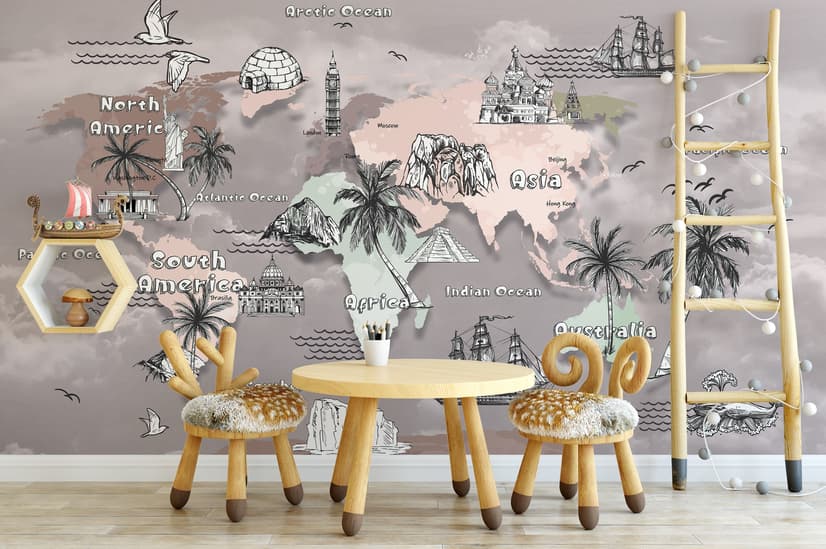 Papier peint panoramique carte du monde pour enfants avec monuments célèbres au fusain