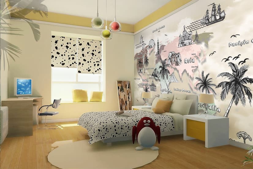 Kids World Map with Charcoal Famous Landmarks Wallpaper Mural