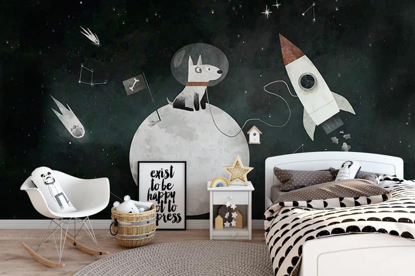 Papier peint chien spatiale pour enfants avec lune et fusées