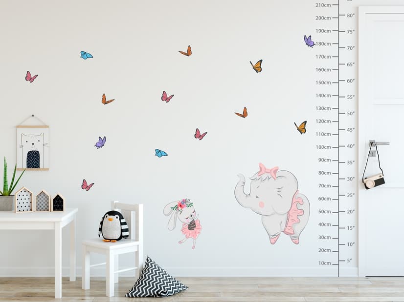 Kids Pink Ballerine Elephant and Bunny with Little Butterflies Wall Decal Sticker
