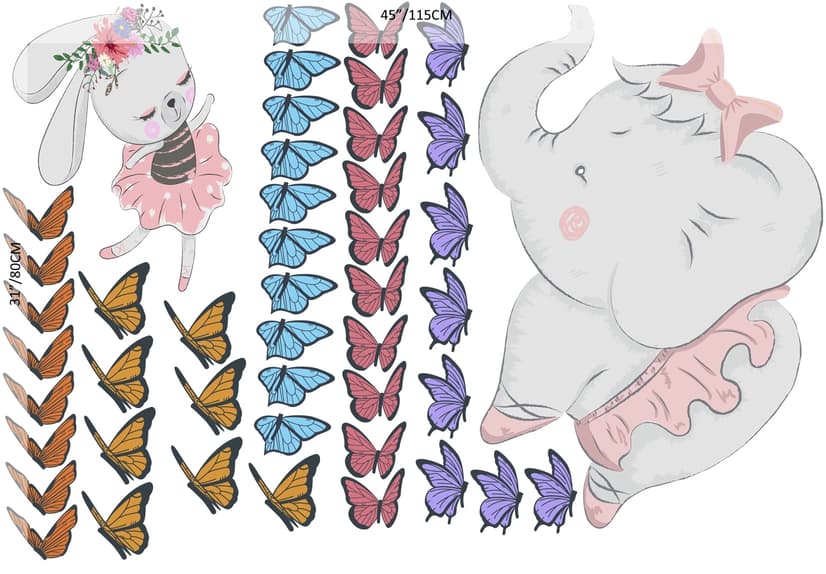 Kids Pink Ballerine Elephant and Bunny with Little Butterflies Wall Decal Sticker