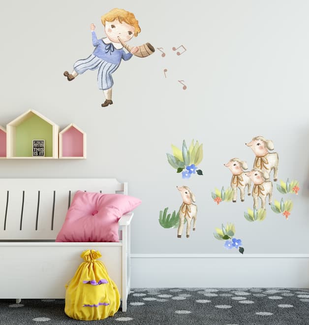 Kids Little Boys and Cute Sheeps Wall Decal Sticker