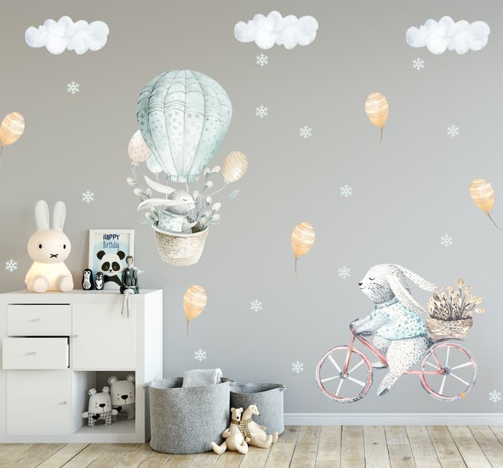 Stickers muraux lapin cartoon ballons flocons neige enfants