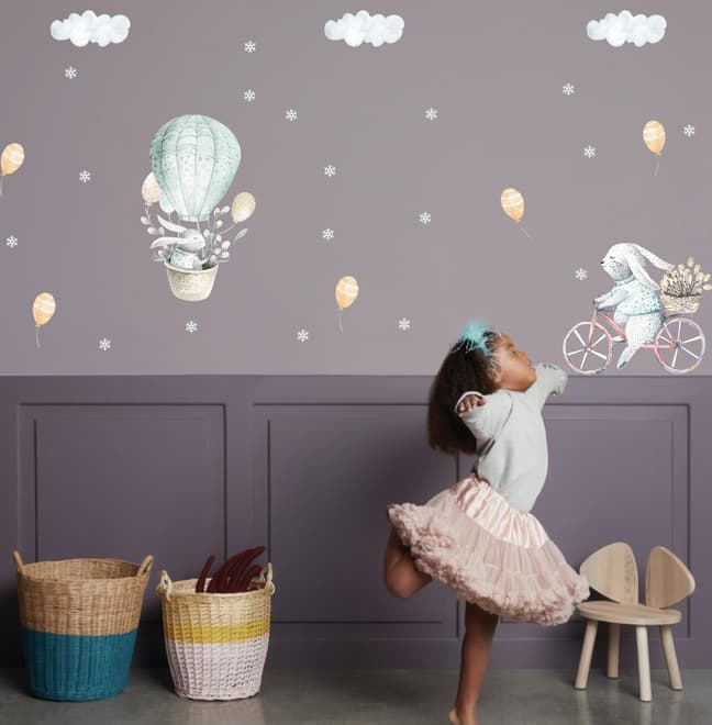 Kids Cartoon Rabbit with Balloons and Snowflake Wall Decal Sticker
