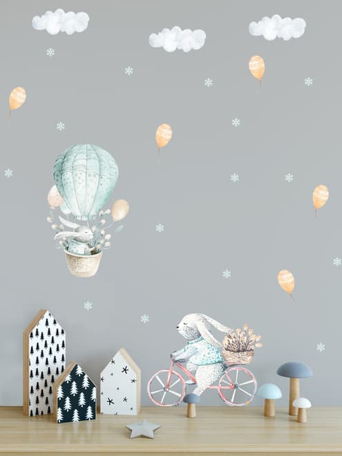 Kids Cartoon Rabbit with Balloons and Snowflake Wall Decal Sticker