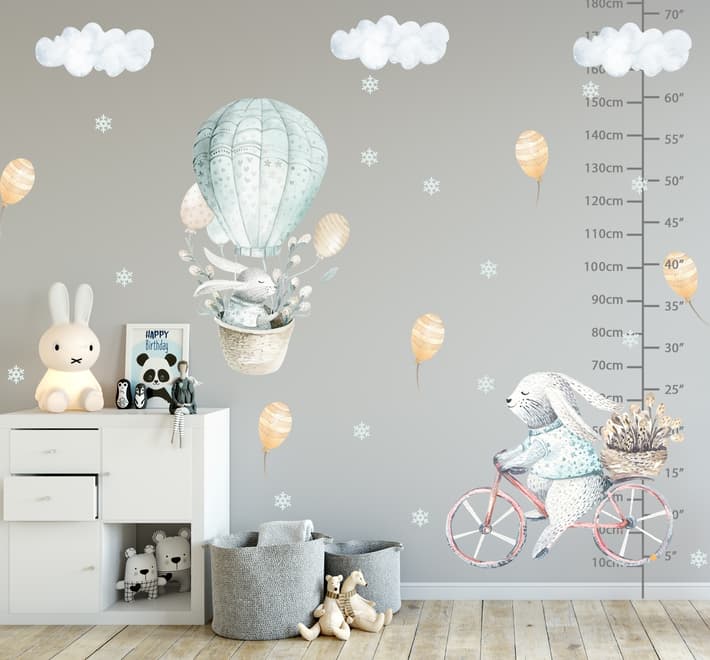 Kids Cartoon Rabbit with Balloons and Snowflake Wall Decal Sticker
