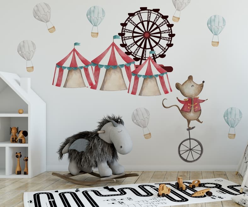 Kids Watercolor Circus Amusement Park with Little Hot Air Balloon Wall Decal Sticker