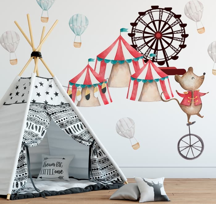 Kids Watercolor Circus Amusement Park with Little Hot Air Balloon Wall Decal Sticker