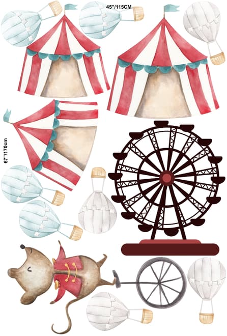 Kids Watercolor Circus Amusement Park with Little Hot Air Balloon Wall Decal Sticker