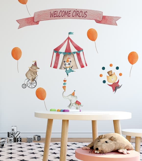 Kids Watercolor Circus with Cute Bear Fox Elephant Panda Wall Decal Sticker