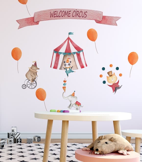 Kids Watercolor Circus with Cute Bear Fox Elephant Panda Wall Decal Sticker