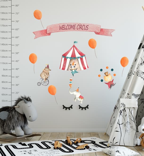 Kids Watercolor Circus with Cute Bear Fox Elephant Panda Wall Decal Sticker