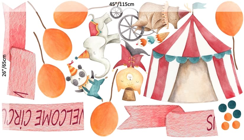 Kids Watercolor Circus with Cute Bear Fox Elephant Panda Wall Decal Sticker