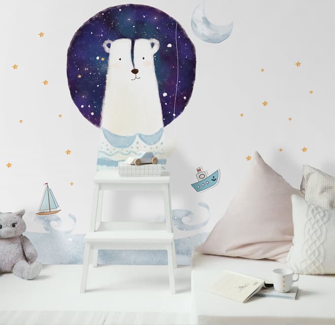 Kids Cute White Bear with Watercolor Moon and Yellow Stars Wall Decal Sticker
