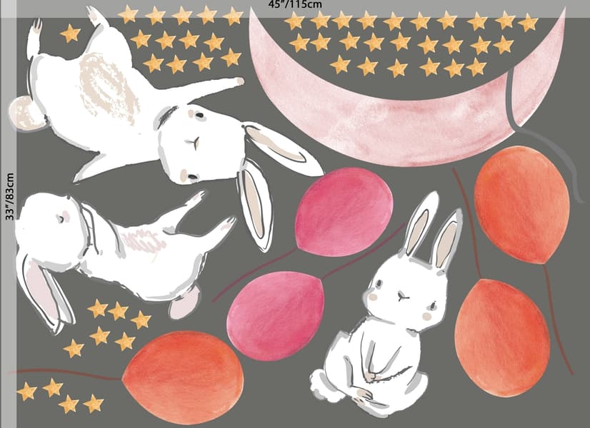 Kids Cartoon Rabbits with Colorful Balloons and Moon Wall Decal Sticker