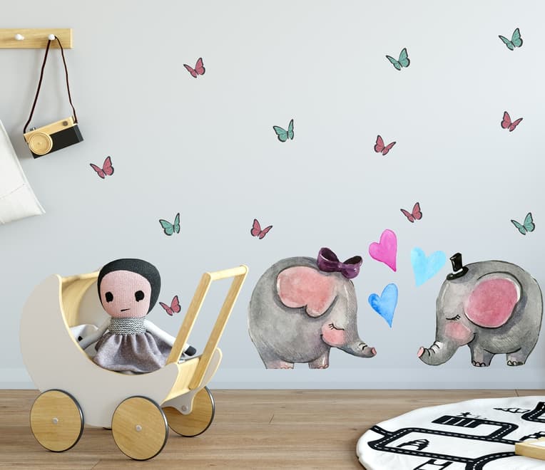 Kids Cute Elephant and Little Butterfly Wall Decal Sticker