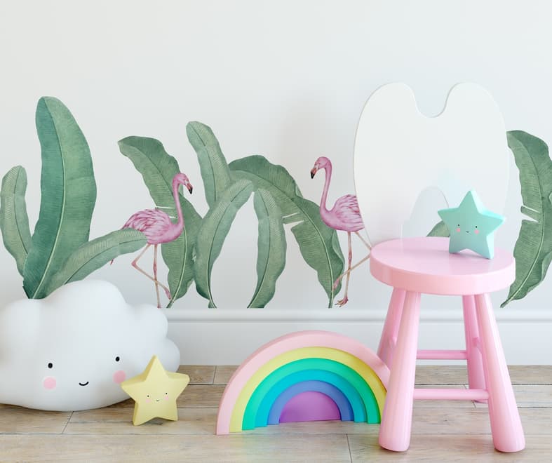 Kids Pink Flamingo and Green Banana Leaves Wall Decal Sticker