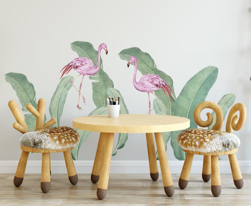 Kids Pink Flamingo and Green Banana Leaves Wall Decal Sticker