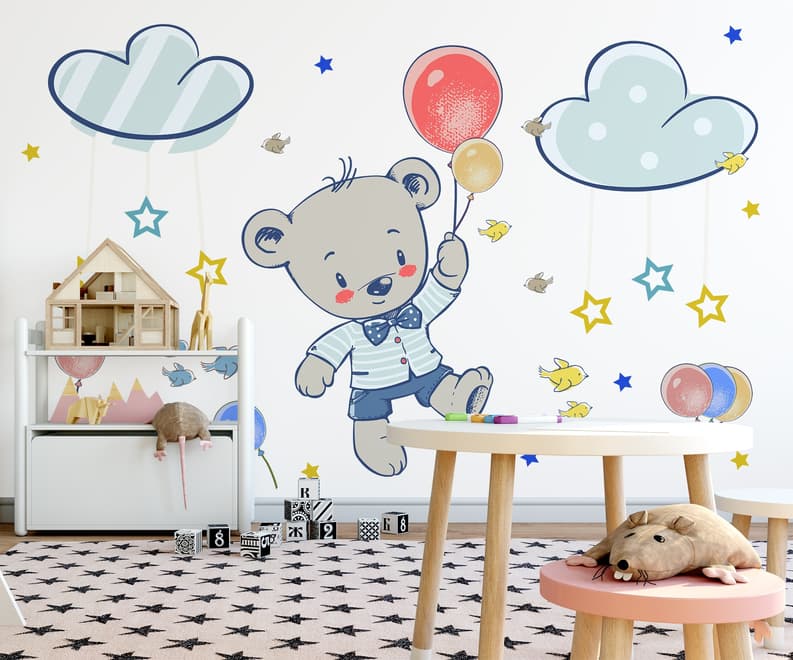 Stickers muraux ours volant étoiles colorées ciel cartoon enfants