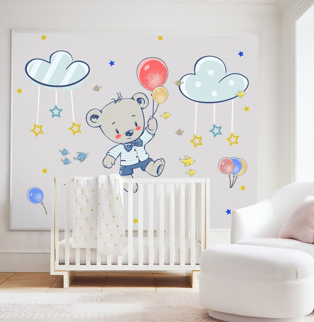 Kids Flying Cute Bear and Colorful Stars in the Cartoon Sky Wall Decal Sticker