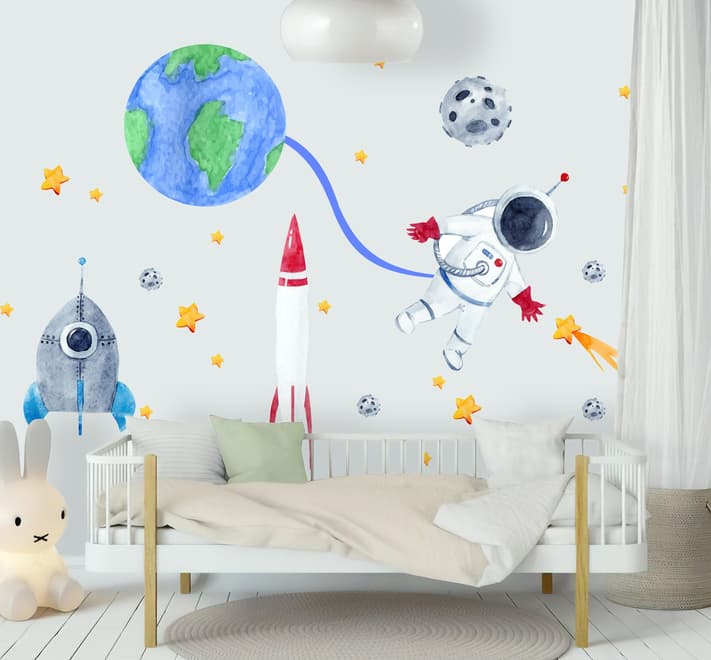 Kinder-Wandtattoo Aquarell Weltraum mit Astronaut und Erde