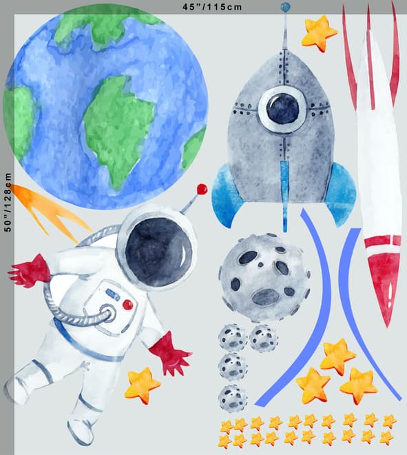 Kids Watercolor Space with Astronaut and Earth Wall Decal Sticker