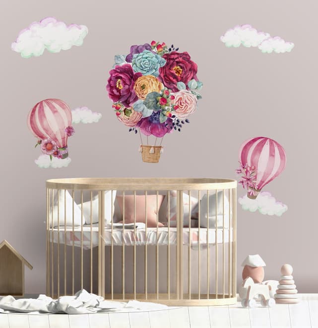 Buntes Blumenstrauß Heißluftballon und Rosa Wolken Wandtattoo