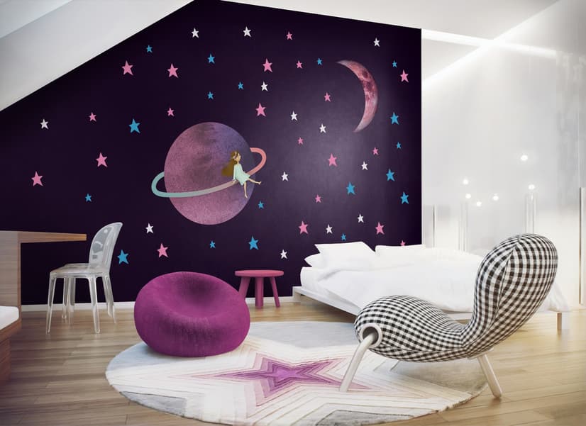 Colorful Space with Cute Little Girl on the Saturn Rings and Pink Moon Wall Decal Sticker