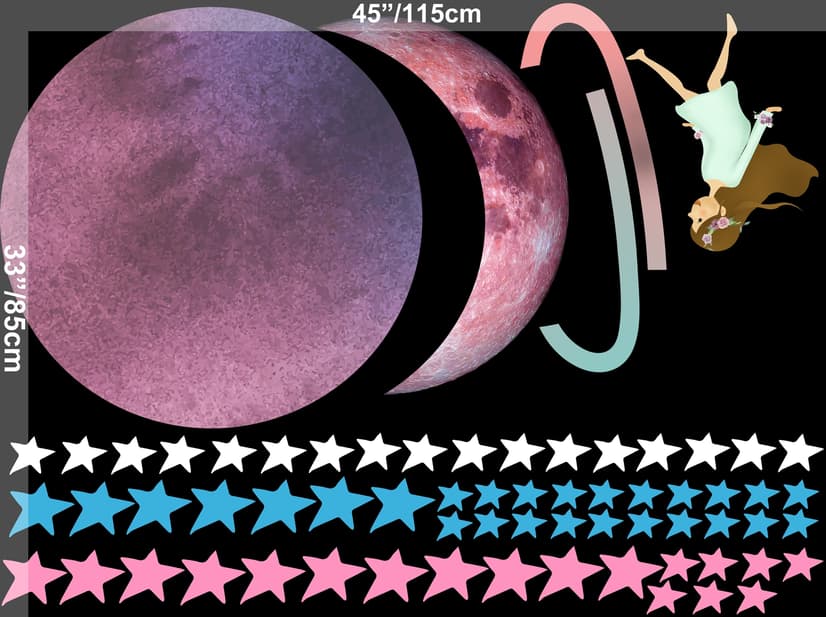 Colorful Space with Cute Little Girl on the Saturn Rings and Pink Moon Wall Decal Sticker