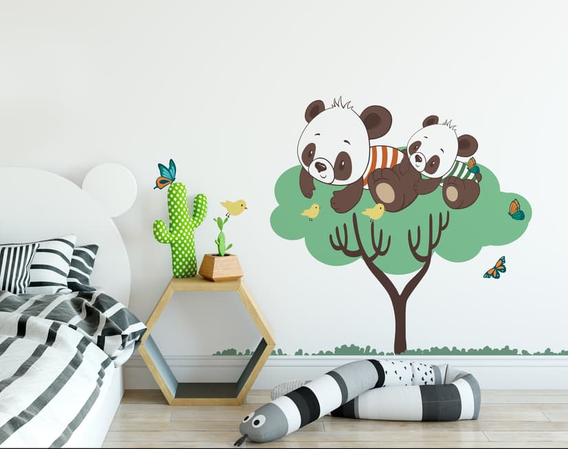 Panda and Her Cubs on the Tree with Butterfly and Birds Wall Decal Sticker