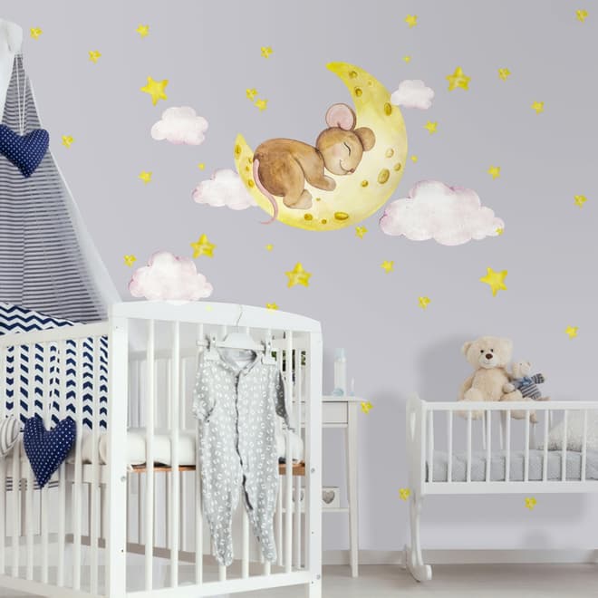 Kids Cute Mouse on the Crescent Moon and Watercolor Yellow Stars Wall Decal Sticker
