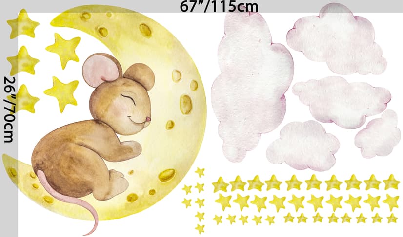 Kids Cute Mouse on the Crescent Moon and Watercolor Yellow Stars Wall Decal Sticker