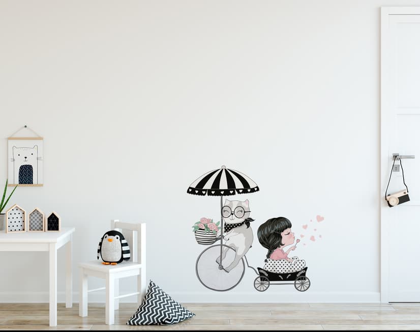 Cute Cat and Beautiful Girl Riding the Bike Wall Decal Sticker
