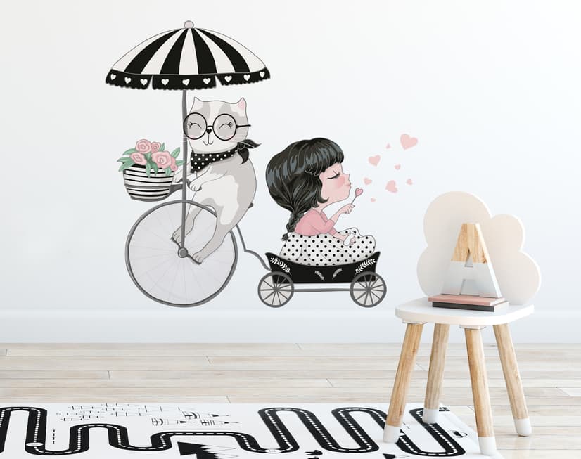 Cute Cat and Beautiful Girl Riding the Bike Wall Decal Sticker
