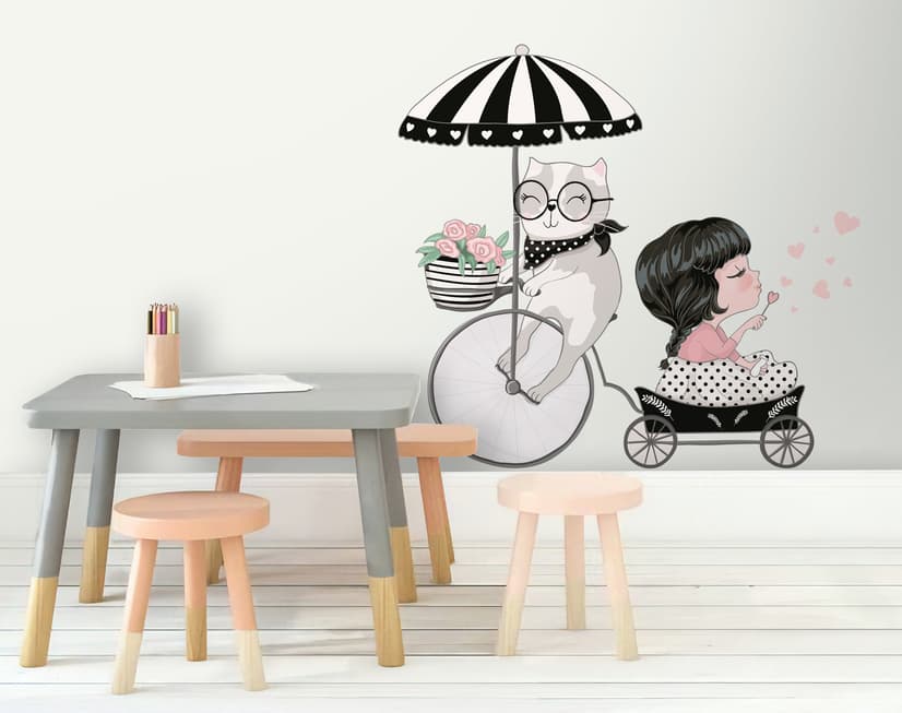 Cute Cat and Beautiful Girl Riding the Bike Wall Decal Sticker