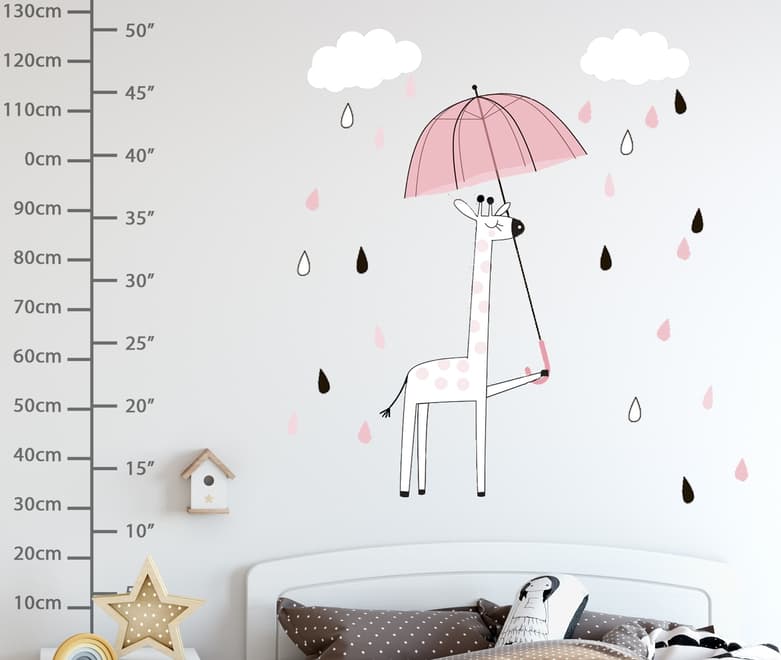 Kids Cute Giraffe with Colorful Raindrops and White Clouds Wall Decal Sticker