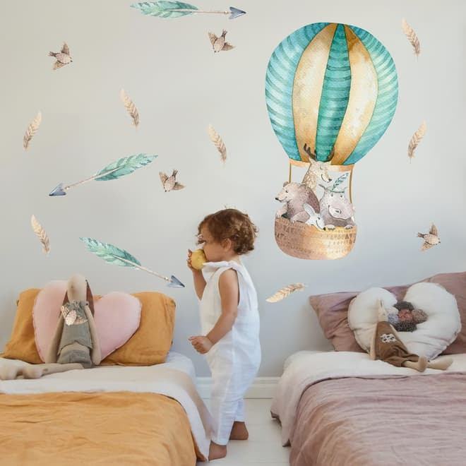 Kids Watercolor Hot Air Balloon with Animals and Colorful Feathers Wall Decal Sticker