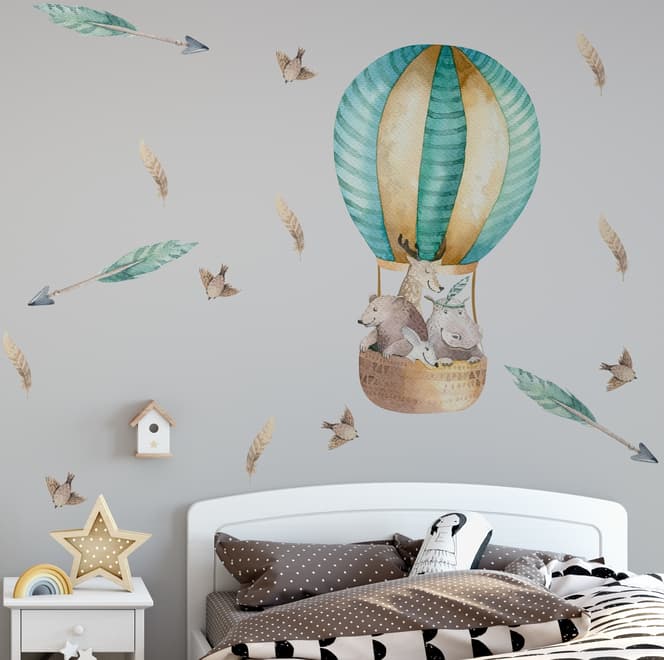 Kids Watercolor Hot Air Balloon with Animals and Colorful Feathers Wall Decal Sticker
