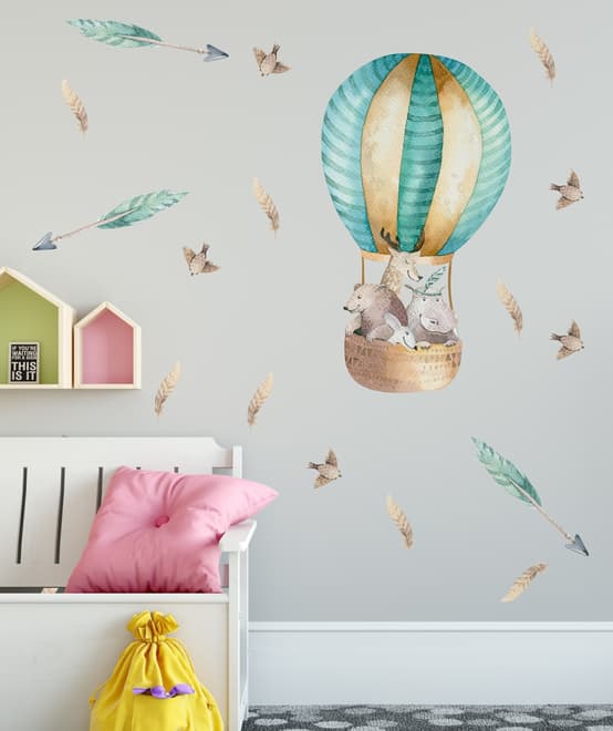 Kids Watercolor Hot Air Balloon with Animals and Colorful Feathers Wall Decal Sticker