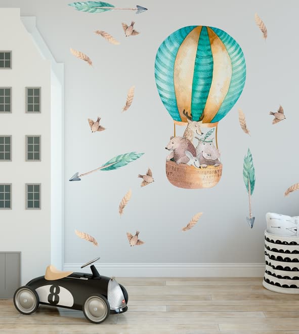 Kids Watercolor Hot Air Balloon with Animals and Colorful Feathers Wall Decal Sticker