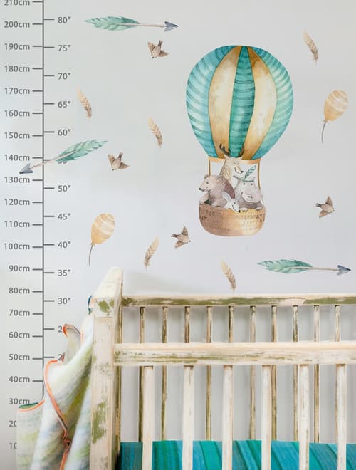 Kids Watercolor Hot Air Balloon with Animals and Colorful Feathers Wall Decal Sticker