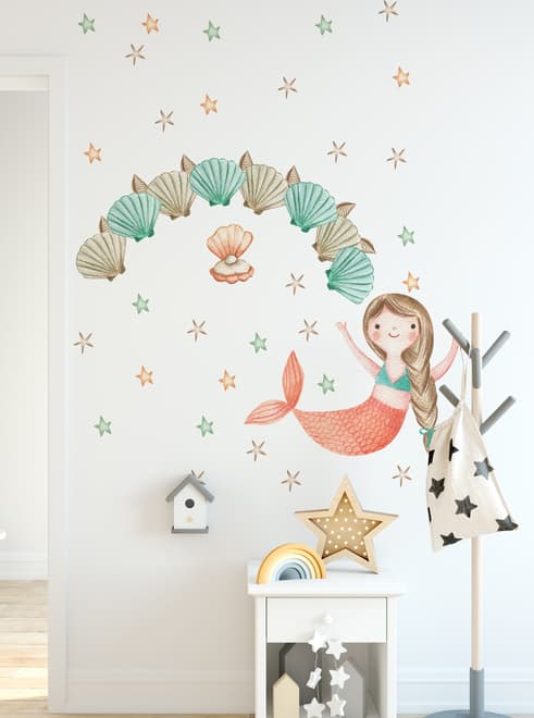 Kids Mermaid Girls with Pearl Oyster Wall Decal Sticker