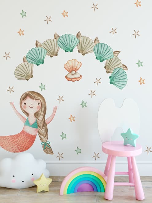 Stickers muraux sirènes filles huître perle enfants