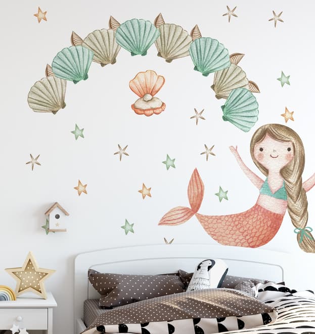 Stickers muraux sirènes filles huître perle enfants