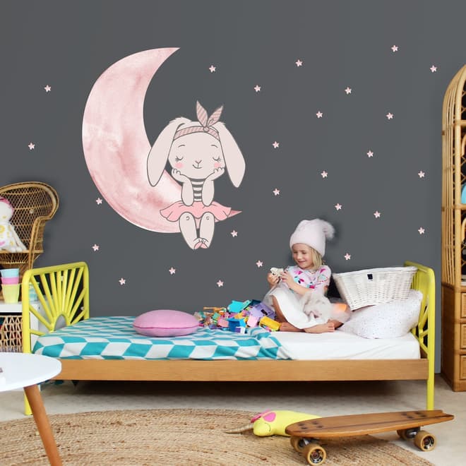 Stickers muraux lapin mignon aquarelle avec lune rose et petites étoiles pour enfants