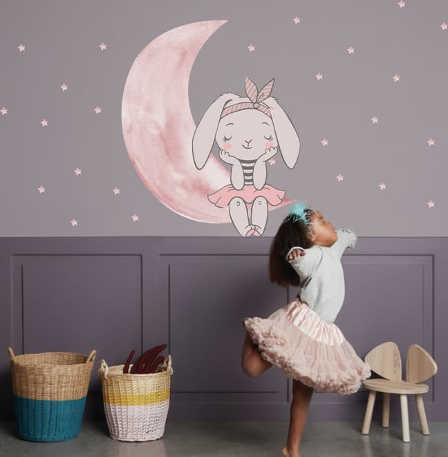 Kinder Wasserfarben Niedlicher Hase und Rosa Mond mit Kleinen Sternen Wandtattoo