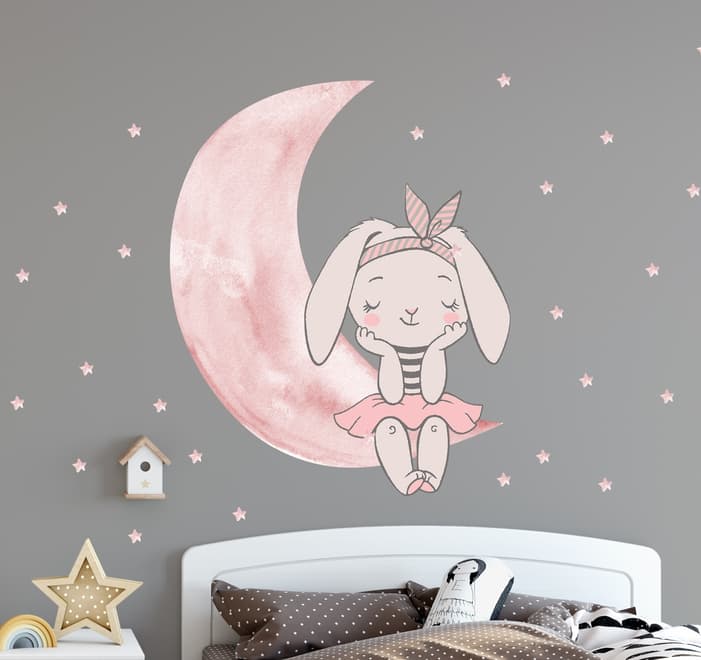 Kinder Wasserfarben Niedlicher Hase und Rosa Mond mit Kleinen Sternen Wandtattoo
